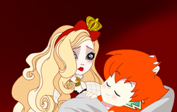 Size: 2121x1338 | Tagged: safe, spike, human, g4, apple white, bed, caress, ever after high, hand on hair, human spike, humanized, orange hair, sad, ship:spikewhite, shipping, sleeping, spike x ever after high