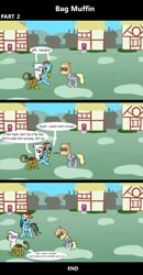 Size: 1920x3688 | Tagged: safe, artist:platinumdrop, derpy hooves, gilda, rainbow dash, griffon, pegasus, pony, comic:bag muffin, g4, 3 panel comic, abuse, bag, ball, blank flank, building, bully, bullying, chickub, closed mouth, comic, commission, crying, cute, derpybuse, dialogue, embarrassed, female, filly, filly derpy, filly rainbow dash, foal, folded wings, grass, hoof pointing, house, humiliation, insult, it's just a prank bro, laughing, laughingmares.jpg, li'l gilda, mask, mocking, open mouth, outdoors, paper bag, ponyville, sad, sadorable, sitting, smiling, smug, smug smile, sniffing, speech bubble, talking, tears of sadness, teary eyes, town, trio, trio female, walking, wings, wings down, younger