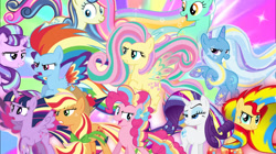 Size: 1474x828 | Tagged: safe, artist:theshadowstone, artist:xebck, artist:zekrom-9, editor:php77, applejack, bon bon, fluttershy, lyra heartstrings, pinkie pie, rainbow dash, rarity, starlight glimmer, sunset shimmer, sweetie drops, trixie, twilight sparkle, alicorn, pony, g4, mane six, rainbow power, rainbow power-ified, twilight sparkle (alicorn)