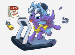 Size: 3920x2888 | Tagged: safe, artist:lytlethelemur, oc, oc only, pegasus, pony, calendar, glasses, horseshoes, pegasus oc, simple background, solo, tongue out, treadmill, white background