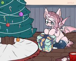 Size: 1280x1024 | Tagged: safe, artist:ghostyglue, oc, oc only, oc:marshmallow swirl, bat pony, pony, bat pony oc, candy, candy cane, christmas, christmas tree, clothes, commission, crystal horn, female, food, glasses, holiday, horn, mare, pink fur, pink mane, present, socks, solo, tree, ych result