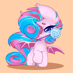 Size: 2000x2000 | Tagged: safe, artist:ariamidnighters, oc, oc only, oc:sweetie swirl, bat pony, pony, bat pony oc, candy, chibi, food, lollipop, male, not flurry heart, solo