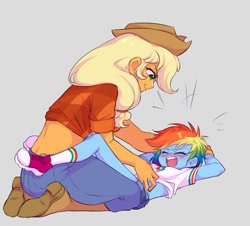 Size: 1221x1105 | Tagged: safe, artist:sleepysheepytea, applejack, rainbow dash, human, equestria girls, g4, boots, clothes, converse, cowboy boots, cowboy hat, denim, hat, high heel boots, jeans, pants, shirt, shoes, skirt, socks, tickling