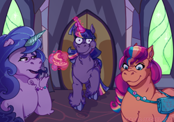 Size: 3955x2772 | Tagged: safe, artist:dragao_tecnologia, izzy moonbow, sunny starscout, twilight sparkle, alicorn, earth pony, pegasus, unicorn, g4, g5, bracelet, burger, food, friendship bracelet, g4 to g5, generation leap, hay burger, jewelry, magic, mane stripe sunny, megamind, older, older twilight, sunny and her heroine, telekinesis, that pony sure does love burgers, twilight sparkle (alicorn), twilight's castle