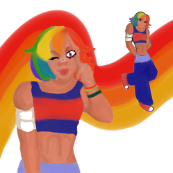 Size: 2684x2696 | Tagged: safe, artist:mssonny, rainbow dash, human, g4, :p, abs, alternate hairstyle, clothes, dark skin, female, humanized, midriff, one eye closed, pants, shoes, short shirt, sneakers, solo, sweatpants, tongue out, wink