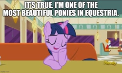 Size: 795x477 | Tagged: safe, edit, edited screencap, screencap, beaude mane, joan pommelway, twilight sparkle, alicorn, g4, the saddle row review, booth, caption, diner, eyes closed, image macro, imgflip, out of character, talking to viewer, text, twilight sparkle (alicorn)