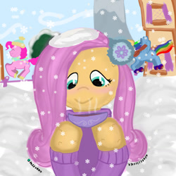 Size: 1280x1280 | Tagged: safe, artist:mssonny, fluttershy, pinkie pie, rainbow dash, earth pony, pegasus, pony, g4, clothes, snow, snowfall, snowflake, sweater, sweatershy, winter