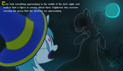 Size: 2208x1280 | Tagged: safe, artist:isaac_pony, oc, oc:tiny sapphirus, pony, shadow pony, unicorn, dungeons and dragons, fantasy, fantasy class, fear, femboy, fog, hat, horn, logo, mage, male, moon, narration, night, pen and paper rpg, rpg, sad, shadow, show accurate, smiling, text, tree, vector, wizard, wizard hat