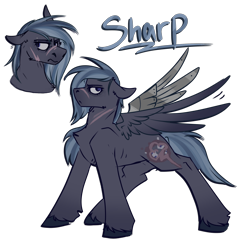 Size: 2300x2300 | Tagged: safe, artist:molars, oc, oc only, oc:sharp shadows, pegasus, pony, ashes town, fallout equestria, augmentation, dashite, doodle, eyebrow piercing, female, mare, piercing, reference sheet, scar, simple background, solo, transparent background, unshorn fetlocks