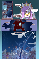 Size: 960x1440 | Tagged: safe, artist:cold-blooded-twilight, nightmare moon, princess celestia, princess luna, comic:cold storm, g4, blood, comic, dialogue, glowing, glowing eyes, pink-mane celestia, smiling, speech bubble