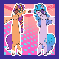 Size: 1920x1920 | Tagged: safe, artist:theratedrshimmer, izzy moonbow, sunny starscout, earth pony, pony, unicorn, equestria girls, g4, g5, :3, abstract background, belly, coat markings, cute, duo focus, holding a pony, hoof heart, izzybetes, long pony, longcat, mane stripe sunny, meme, no neck, offscreen character, passepartout, ponified animal photo, ponified meme, self paradox, self ponidox, socks (coat markings), sunnybetes, underhoof, unshorn fetlocks, upside-down hoof heart