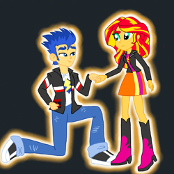 Size: 1080x1080 | Tagged: safe, artist:rekheadz, flash sentry, sunset shimmer, equestria girls, g4, boots, clothes, female, high heel boots, jacket, male, ship:flashimmer, shipping, shirt, shoes, skirt, straight