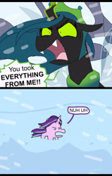 Size: 3231x5083 | Tagged: safe, artist:sketchyboi25, queen chrysalis, starlight glimmer, unicorn, g4, the ending of the end, angry, flowing mane, flowing tail, mountain, nuh uh, smol, snow, tail, ultimate chrysalis