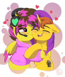 Size: 3232x3811 | Tagged: safe, artist:joaothejohn, oc, oc:melody, oc:swift, alicorn, pegasus, pony, alicorn oc, blushing, cheek kiss, clothes, commission, couple, cute, eyes closed, floppy ears, happy, headset mic, heart, holiday, hoodie, horn, kissing, lidded eyes, pegasus oc, shipping, simple background, valentine's day, wings, ych result