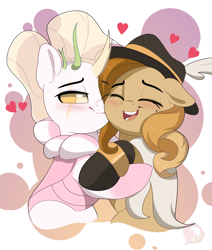 Size: 3232x3811 | Tagged: safe, artist:joaothejohn, oc, oc only, oc:golden creme, oc:prince mantodea, changeling, earth pony, pony, blushing, buggo, changeling oc, cheek kiss, clothes, commission, commissioner:briarlight, couple, cute, cuteling, duo, duo male, earth pony oc, eyes closed, feather, flower, gay, hat, heart, holiday, horn, jewelry, kissing, male, pink changeling, ring, scar, shipping, simple background, socks, valentine's day, ych result