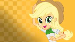 Size: 3840x2160 | Tagged: safe, artist:octosquish7260, applejack, human, equestria girls, g4, applejack's hat, arms, button-up shirt, checkered background, clothes, cowboy hat, female, fingers, fist, freckles, grab, gradient background, hand, happy, hat, holding, long hair, open mouth, open smile, ponytail, shirt, short sleeves, smiling, solo, teenager