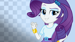 Size: 3840x2160 | Tagged: safe, artist:octosquish7260, rarity, human, equestria girls, g4, belt, bracelet, checkered background, clothes, cute, elbowed sleeves, eyebrows, eyeshadow, female, gradient background, hand on hip, happy, jewelry, lidded eyes, makeup, open mouth, raised eyebrow, raribetes, skirt, smiling, solo, teenager, top