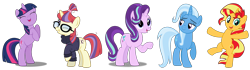 Size: 1930x544 | Tagged: safe, artist:dashiesparkle, artist:reginault, artist:twilyisbestpone, moondancer, starlight glimmer, sunset shimmer, trixie, twilight sparkle, unicorn, g4, bipedal, counterparts, female, mare, simple background, transparent background, twilight's counterparts, unicorn twilight