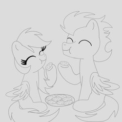 Size: 1400x1400 | Tagged: safe, artist:mrsdashskies, rainbow dash, soarin', pegasus, pony, g4, cookie, eating, eyes closed, female, food, male, mare, ship:soarindash, shipping, sketch, stallion, straight