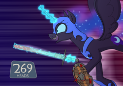 Size: 2400x1675 | Tagged: safe, artist:moonatik, nightmare moon, alicorn, pony, g4, /mlp/ tf2 general, blood, demoknight, eyelander, female, helmet, hoof shoes, magic, mare, peytral, princess shoes, shield, solo, sword, team fortress 2, weapon