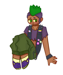 Size: 1082x1275 | Tagged: safe, artist:clandestine, spike, dragon, human, g4, acne, cargo shorts, clothes, humanized, mohawk, nonbinary, painted nails, short shirt, simple background, solo, sweatband, transfeminine, transparent background, vest