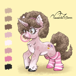Size: 4000x4000 | Tagged: safe, artist:vanderlei-ramos, oc, oc only, pony, unicorn, bubblegum, chest fluff, clothes, color palette, curly mane, curly tail, female, food, gum, mare, simple background, socks, solo, striped socks, tail, thigh highs, unshorn fetlocks, yellow background