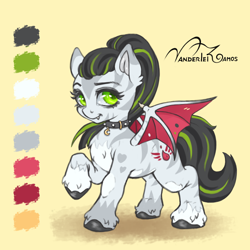 Size: 4000x4000 | Tagged: safe, artist:vanderlei-ramos, oc, oc only, pegasus, pony, collar, fangs, raised hoof, simple background, solo, yellow background
