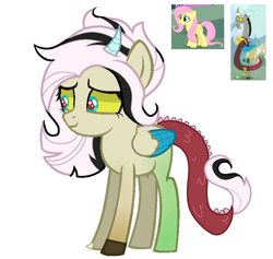 Size: 640x606 | Tagged: safe, artist:its.hxnnxh_, discord, fluttershy, oc, unnamed oc, draconequus, hybrid, pegasus, g4, colored wings, female, horn, interspecies offspring, male, mare, offspring, parent:discord, parent:fluttershy, parents:discoshy, screencap reference, simple background, white background, wings, youtube link