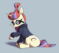Size: 2558x2295 | Tagged: safe, artist:aquaticvibes, moondancer, pony, unicorn, g4, annoyed, clothes, cross-popping veins, emanata, female, glasses, gray background, high res, mare, raised hoof, simple background, sitting, solo, sweater