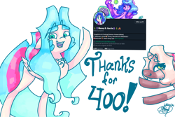 Size: 3600x2400 | Tagged: safe, artist:mannybcadavera, izzy moonbow, oc, oc:pavelyne, oc:sigvard, pegasus, pony, unicorn, g5, ball, eye clipping through hair, eyebrows, eyebrows visible through hair, female, grin, high res, hoof hold, jewelry, looking at you, male, mare, meta, necklace, one eye closed, open mouth, open smile, simple background, smiling, smiling at you, stallion, tennis ball, tennis racket, twitter, waving, waving at you, white background