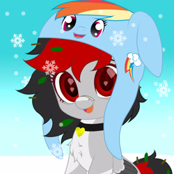 Size: 2048x2048 | Tagged: safe, artist:naoto yazarän, rainbow dash, oc, pegasus, bandaid, bandaid on nose, cap, chest fluff, collar, hat, heart, heart eyes, leaves, leaves in hair, red eyes, snow, snowfall, wingding eyes, wings
