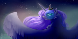 Size: 1280x640 | Tagged: safe, artist:drekimanywiev, princess luna, alicorn, pony, g4, cheek fluff, chest fluff, ear piercing, earring, female, jewelry, large wings, looking at you, looking back, looking back at you, mare, piercing, solo, spread wings, wings