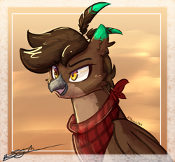 Size: 1785x1651 | Tagged: safe, artist:staceyld636, oc, oc:gertz "tips" brightfeather, griffon, beak, clothes, commission, feather, griffon oc, male, scarf, smiling, smirk