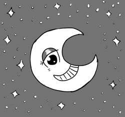 Size: 640x600 | Tagged: safe, artist:ficficponyfic, oc, oc only, oc:joyride, colt quest, complex background, crescent moon, cyoa, face, grin, monochrome, moon, no pony, smiling, solo, starry night, stars, story included