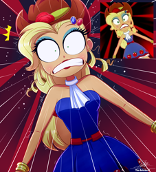 Size: 1934x2134 | Tagged: safe, artist:the-butch-x, screencap, applejack, human, eqg summertime shorts, equestria girls, g4, make up shake up, alternate hairstyle, applejack is best facemaker, applejack's hat, bare shoulders, bracelet, clothes, cowboy hat, dress, eyeshadow, fall formal outfits, female, gritted teeth, hat, jewelry, lipstick, makeup, pinpoint eyes, scared, scene interpretation, screencap reference, sleeveless, sleeveless dress, solo, strapless, strapless dress, teeth