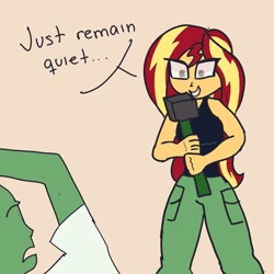 Size: 1280x1280 | Tagged: safe, artist:peel_a_na, sunset shimmer, oc, oc:anon, equestria girls, g4, annoyed, clothes, hammer, imminent violence, revenge, shirt, simple background, sleeveless, sleeveless shirt, tank top
