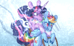 Size: 2048x1260 | Tagged: safe, artist:alabasterpeony, rainbow dash, twilight sparkle, alicorn, pegasus, pony, g4, duo, female, mare, sled, sledding, snow, twilight sparkle (alicorn), windswept mane, winter