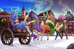 Size: 2400x1600 | Tagged: safe, artist:thescornfulreptilian, cap (tfh), cashmere (tfh), dancer (tfh), oc, oc:comfy (tfh), deer, reindeer, them's fightin' herds, aurora borealis, buck, cart, clothes, cloven hooves, community related, doe, female, scarf, sleeping, sunglasses