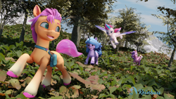 Size: 5120x2880 | Tagged: safe, artist:reinbou, izzy moonbow, pipp petals, sunny starscout, zipp storm, earth pony, pegasus, pony, unicorn, g5, 3d, blender, blender cycles, flying, forest, nature, render, running, sunny's bag, tree
