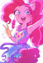 Size: 1423x2048 | Tagged: safe, artist:kinokoo_san, pinkie pie, human, equestria girls, g4, ambiguous facial structure, armpits, bucktooth, clothes, eye clipping through hair, female, gloves, open mouth, open smile, ponied up, simple background, smiling, solo, super ponied up, white background