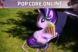 Size: 781x521 | Tagged: safe, starlight glimmer, pony, unicorn, g4, chair, eating, female, food, grass, herbivore, mare, popcorn, titanfall