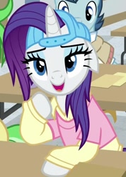 Size: 694x976 | Tagged: safe, screencap, polo play, rarity, saturn (g4), pony, unicorn, friendship university, g4, season 8, alternate hairstyle, backwards ballcap, baseball cap, cap, clothes, cropped, disguise, female, hat, las pegasus resident, male, mare, open mouth, open smile, plainity, smiling, solo focus, stallion