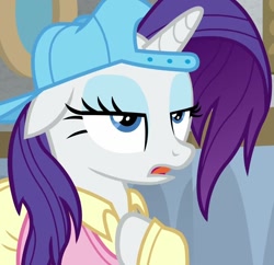 Size: 1114x1079 | Tagged: safe, screencap, rarity, pony, unicorn, friendship university, g4, season 8, alternate hairstyle, backwards ballcap, baseball cap, cap, clothes, cropped, disguise, female, hat, hoof on chest, lidded eyes, mare, plainity, raised hoof, solo