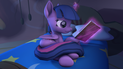 Size: 3840x2160 | Tagged: safe, artist:~stuffguy123, twilight sparkle, alicorn, pony, g4, 3d, bed, bedroom, book, golden oaks library, lying down, moonlight, night, on side, reading, solo, source filmmaker, twilight sparkle (alicorn)