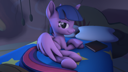 Size: 3840x2160 | Tagged: safe, artist:~stuffguy123, twilight sparkle, alicorn, pony, g4, 3d, bed, bedroom, book, covering, female, golden oaks library, looking at you, moonlight, night, solo, source filmmaker, spread wings, twilight sparkle (alicorn), wing covering, wings