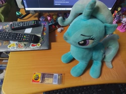 Size: 4000x3000 | Tagged: safe, trixie, pony, unicorn, g4, crackers, desk, food, horn, irl, peanut butter, peanut butter crackers, photo, plushie, remote control, that pony sure does love peanut butter crackers