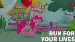 Size: 1920x1080 | Tagged: safe, edit, edited screencap, editor:quoterific, screencap, pinkie pie, earth pony, pony, g4, it's about time, season 2, balloon, female, fence, heart, heart balloon, mare, ponyville, run for your lives, solo, yelling