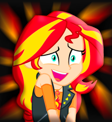 Size: 991x1080 | Tagged: safe, artist:paco777yuyu, sunset shimmer, human, equestria girls, g4, abstract background, cute, female, humanized, pretty, shoulders, shy, smiling, solo, sunset