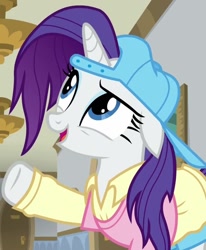 Size: 768x932 | Tagged: safe, screencap, rarity, pony, unicorn, friendship university, g4, season 8, alternate hairstyle, backwards ballcap, baseball cap, cap, clothes, cropped, disguise, female, hat, mare, plainity, raised hoof, solo