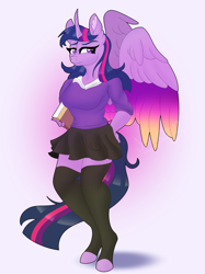 Size: 5000x6700 | Tagged: safe, artist:unknownartist20, twilight sparkle, alicorn, anthro, unguligrade anthro, g4, book, clothes, colored wings, female, gradient background, multicolored wings, skirt, solo, stockings, sweater, thigh highs, twilight sparkle (alicorn), wings, zettai ryouiki